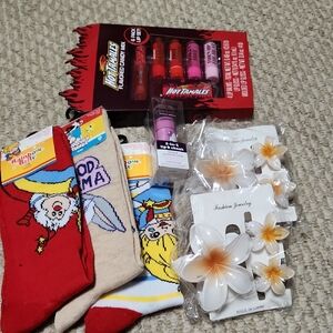 Thrills Red & Pink Lip Balms with Multicolor Socks and White Plumeria Clips